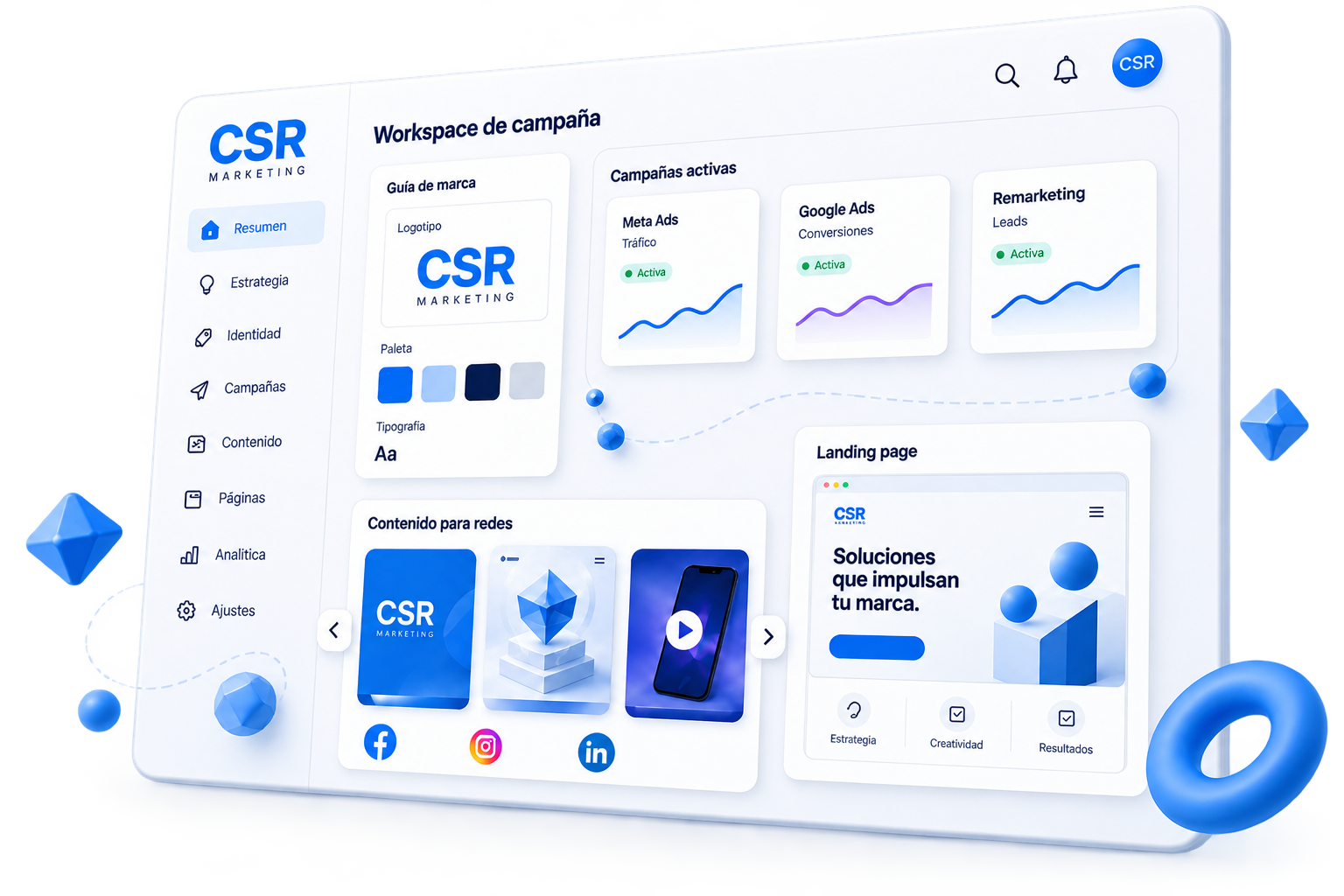 Workspace conceptual de CSR Marketing con guía de marca, campañas digitales, contenido social y landing page