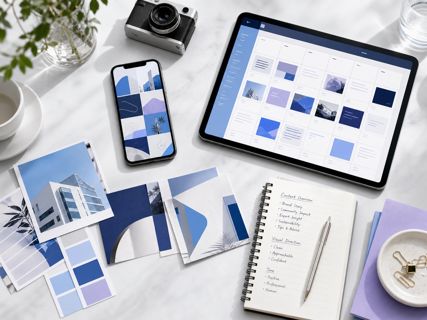 Mesa creativa con calendario y piezas de contenido para redes sociales